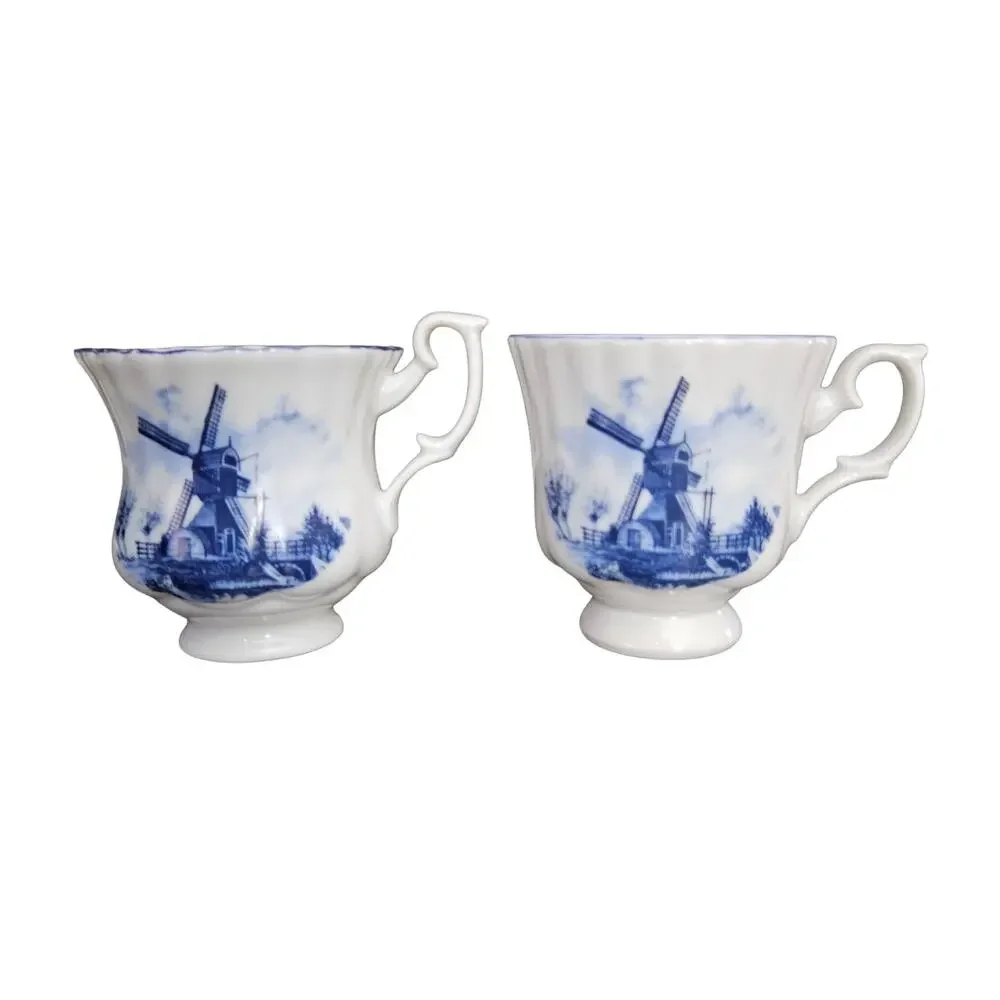 Delft Blue Windmill Teacups Set of 2 Holland Porcelain Footed Cups